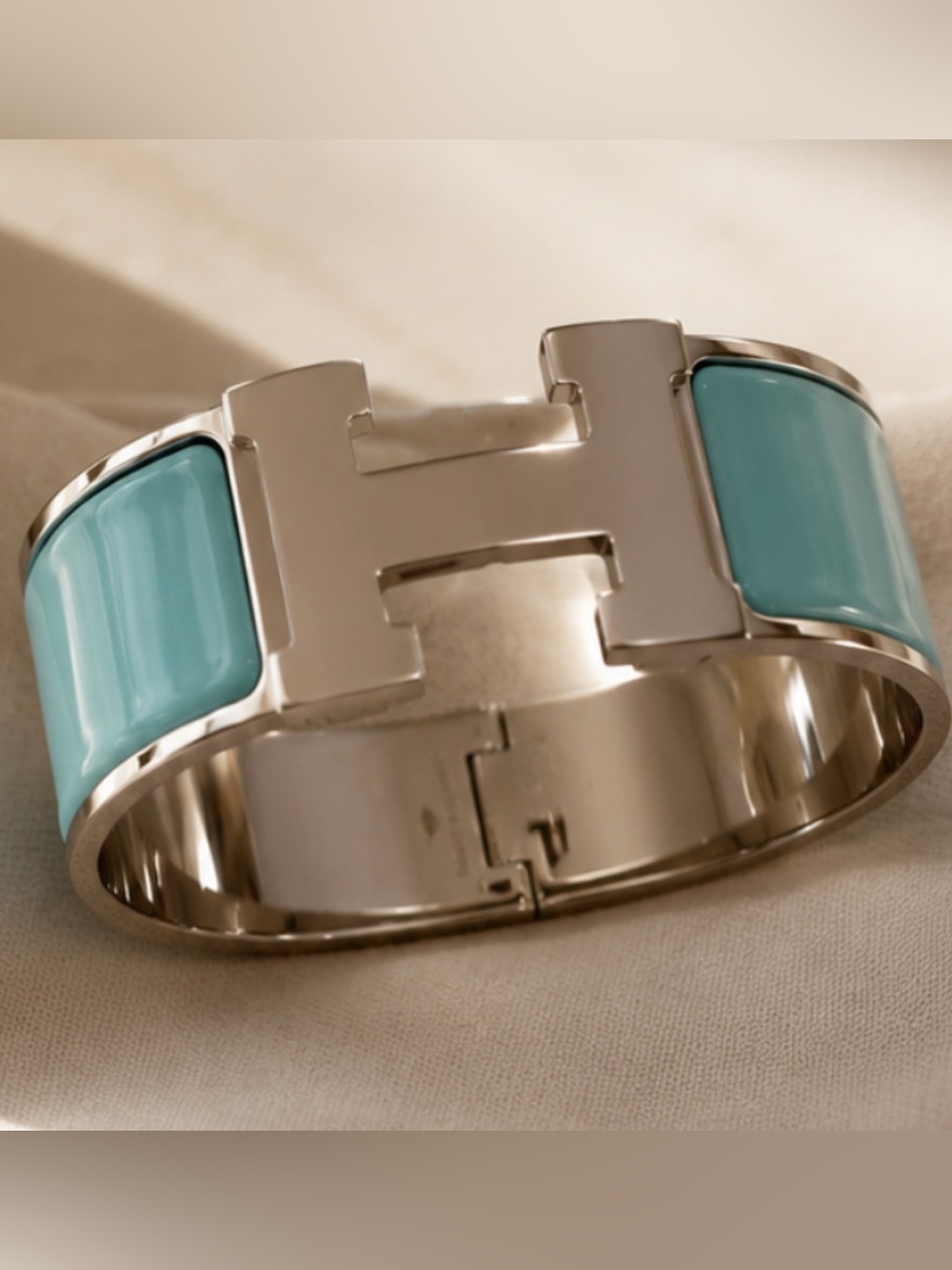 Hermes Turquoise Enamel H Cuff Bracelet - Silver